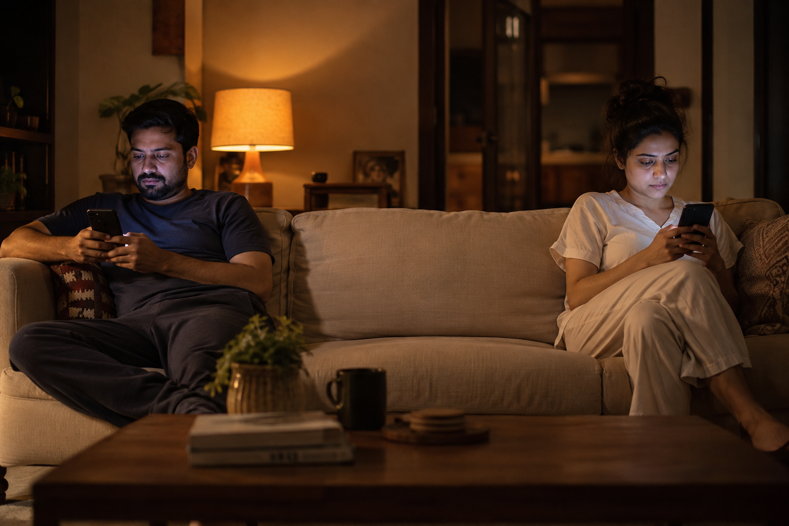A couple sitting at opposite ends of a sofa at night, both looking at their phones