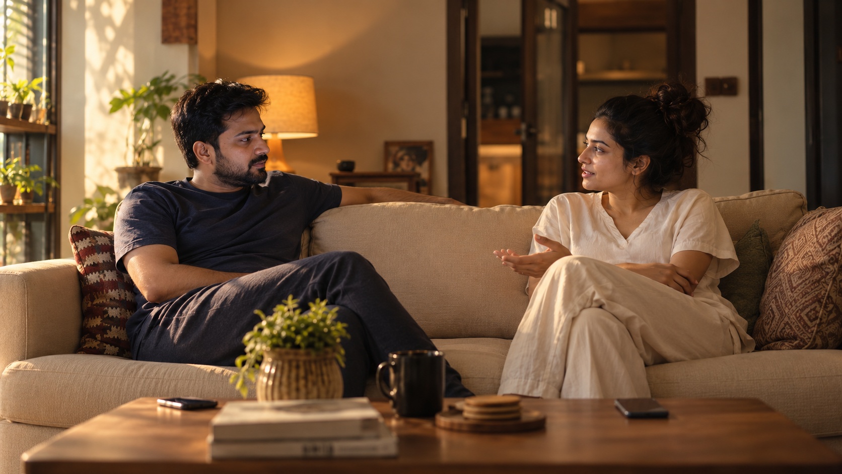 The same couple in morning light, turned toward each other in conversation