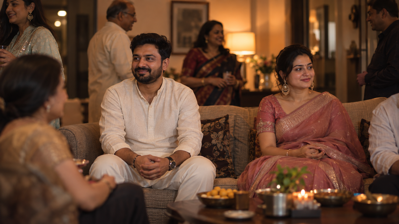 A husband and wife smiling politely at a family gathering but not looking at each other