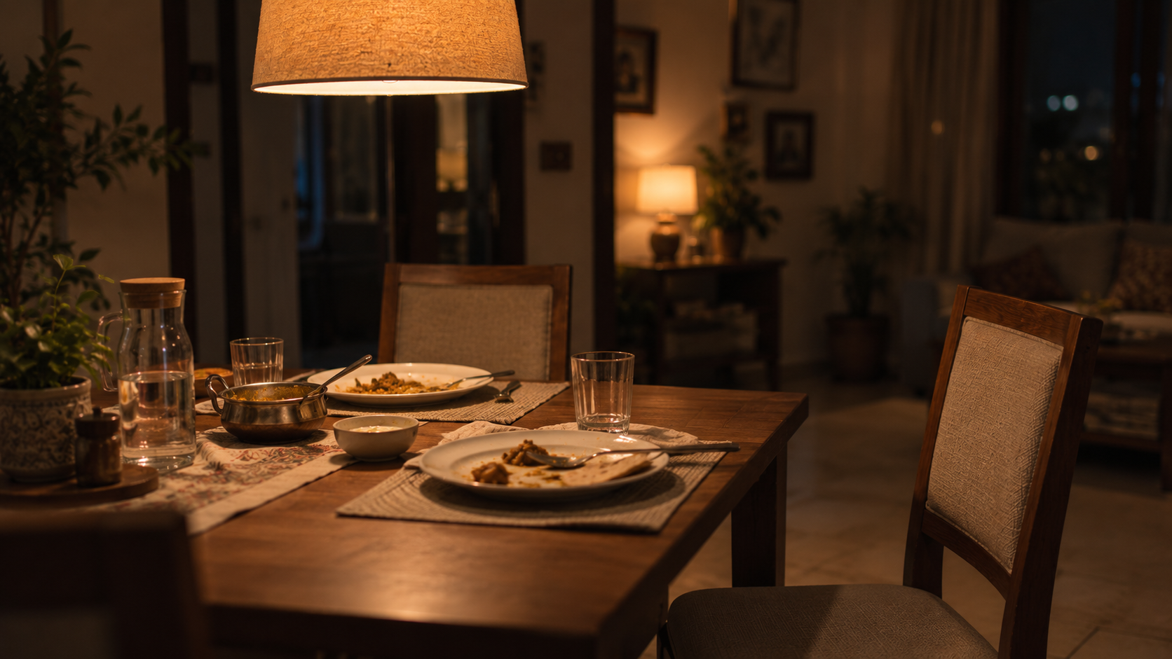 Two half-eaten plates on a dining table, one chair pushed back and empty