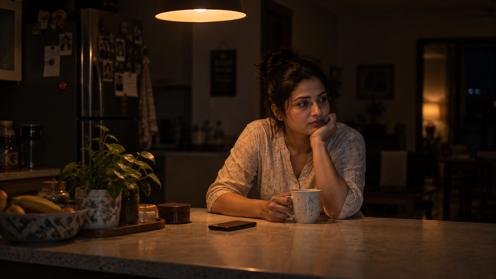 A woman alone at a kitchen counter late at night with a cup of tea