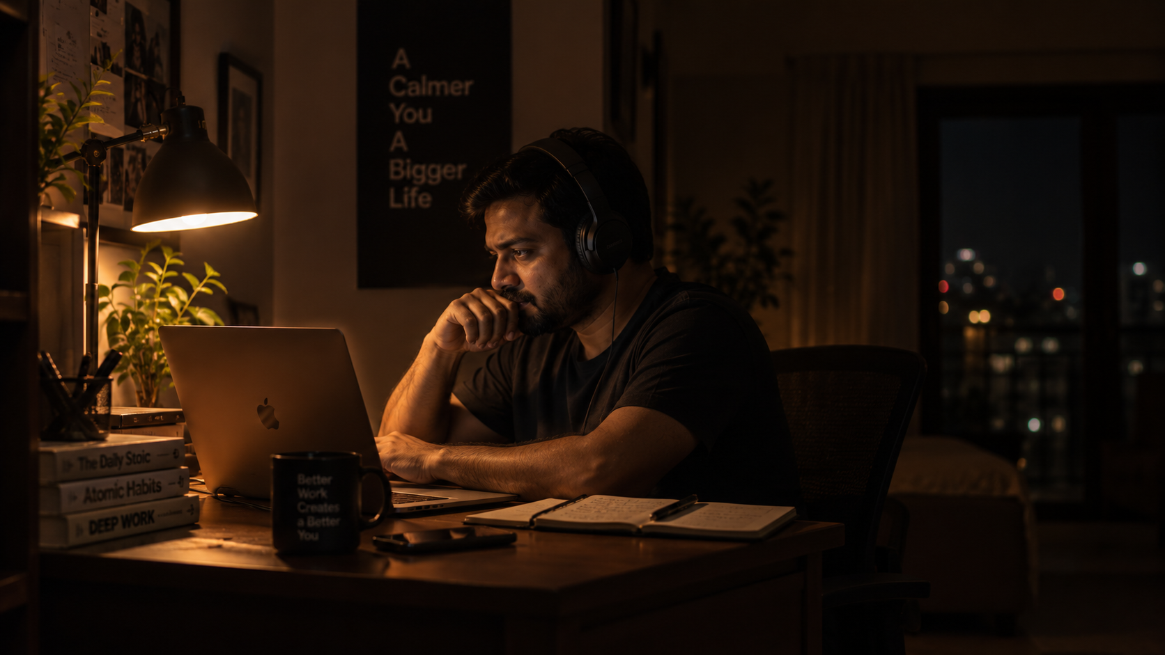 A man alone at a small desk at night with a laptop and headphones, lit by a warm lamp
